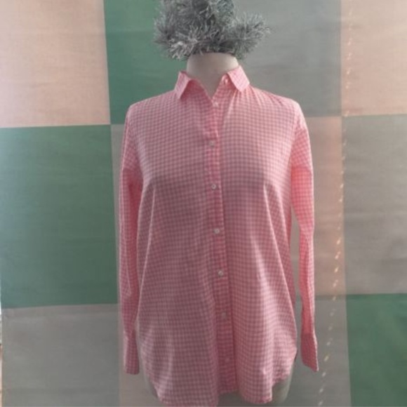 J. Crew Tops - J CREW pink peach gingham shirt size 4 small